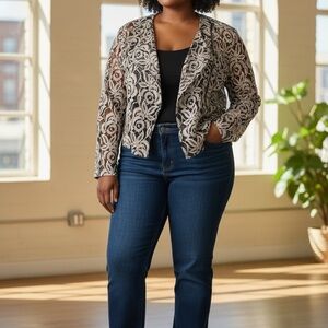 INC International Concepts Black and Cream Lace Open-Front Cardigan